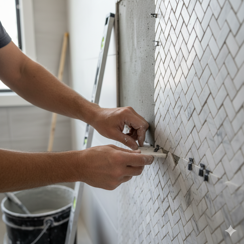 Artisan installing custom mosaic tiles in a bespoke shower, showcasing precision and craftsmanship by Nova Bath Design in Ottawa.