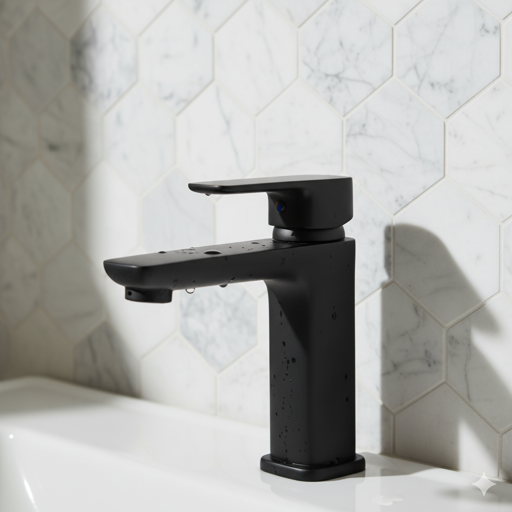Modern black faucet and white marble hexagon tiles in a renovated powder room by Nova Bath Design, emphasizing design details.