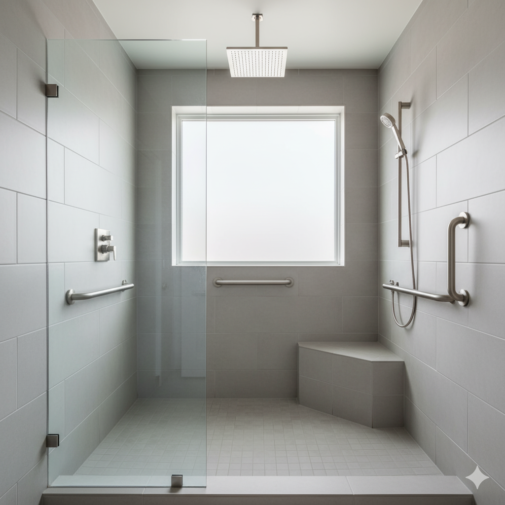 Accessible walk-in shower with a built-in bench and grab bars, designed for safety and ease of use by Nova Bath Design in Ottawa.