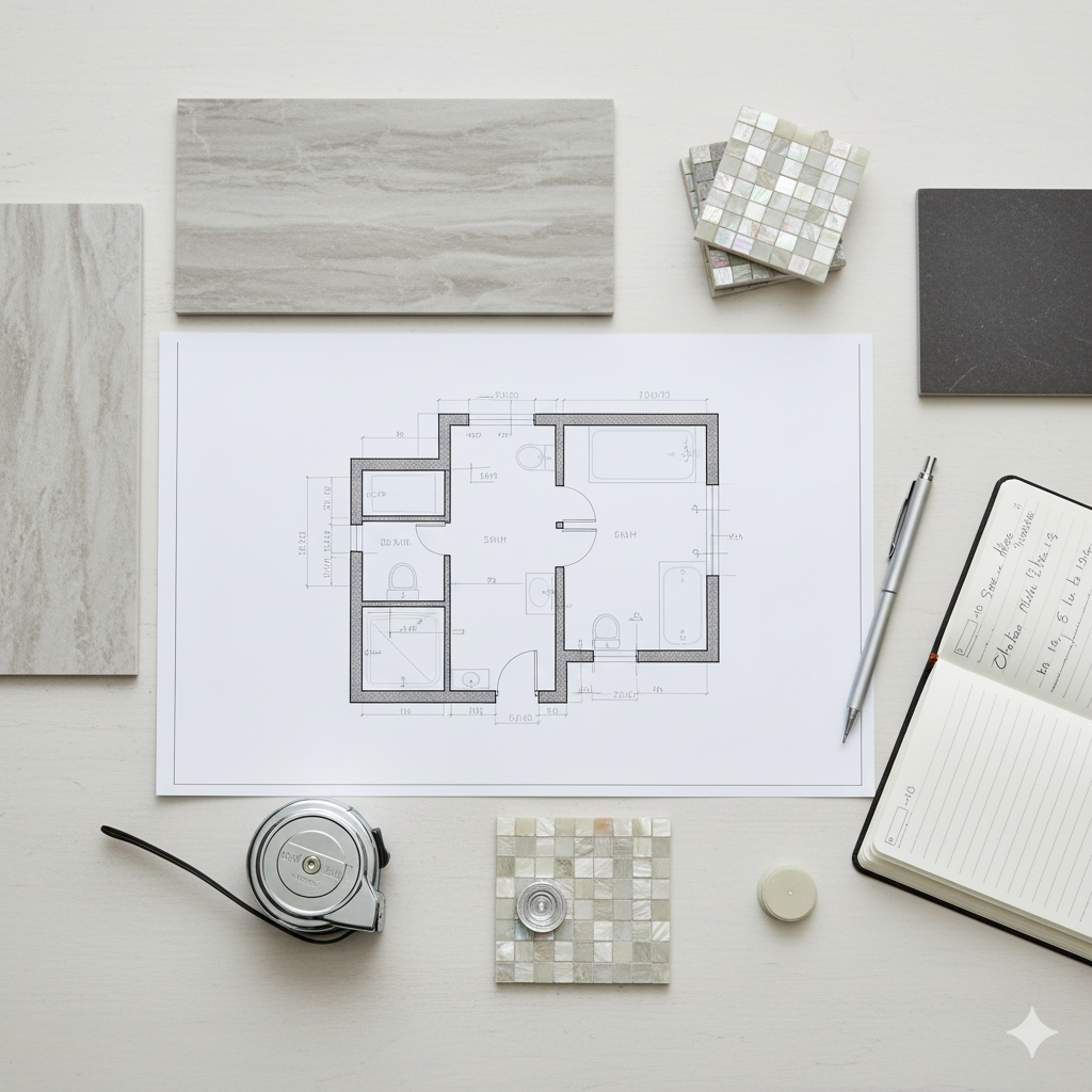 Flat lay of bathroom renovation planning items: blueprint, tile samples, pencil, and measuring tape, symbolizing the start of a new project.