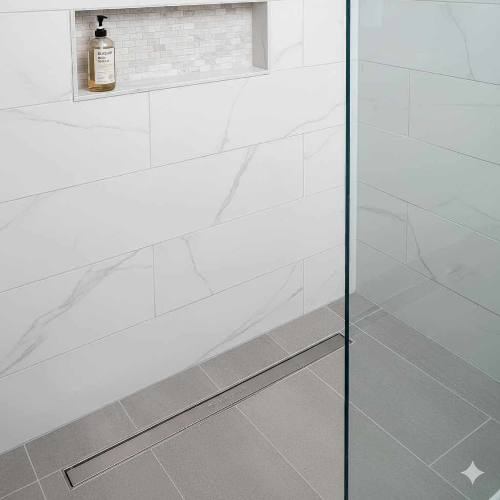 Close-up of a custom tiled shower with perfect grout, a modern linear drain, and an integrated niche, showcasing Nova Bath Design's craftsmanship.