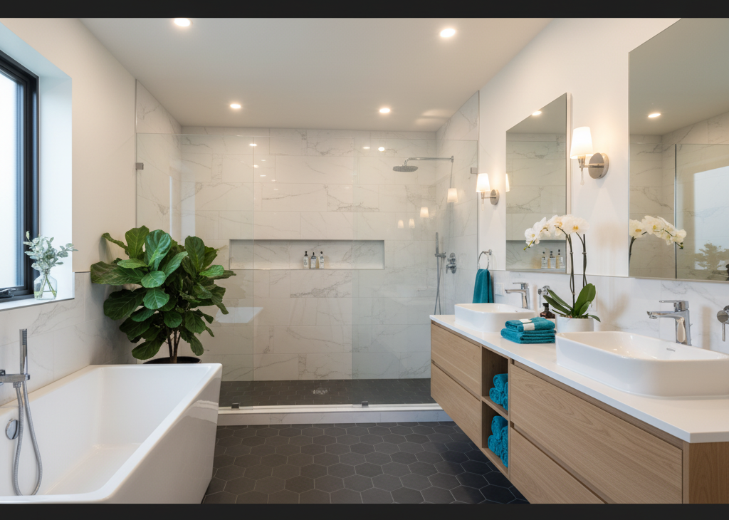 Wide shot of a luxurious master bathroom renovation in Ottawa, featuring a freestanding tub, walk-in shower, double vanity, and bright lighting.