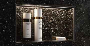 Close-up of a modern shower niche with integrated LED lighting from Schluter® KERDI-BOARD-NLT, professionally installed by Nova Bath Design in an Ottawa bathroom.