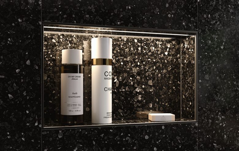 Close-up of a modern shower niche with integrated LED lighting from Schluter® KERDI-BOARD-NLT, professionally installed by Nova Bath Design in an Ottawa bathroom.